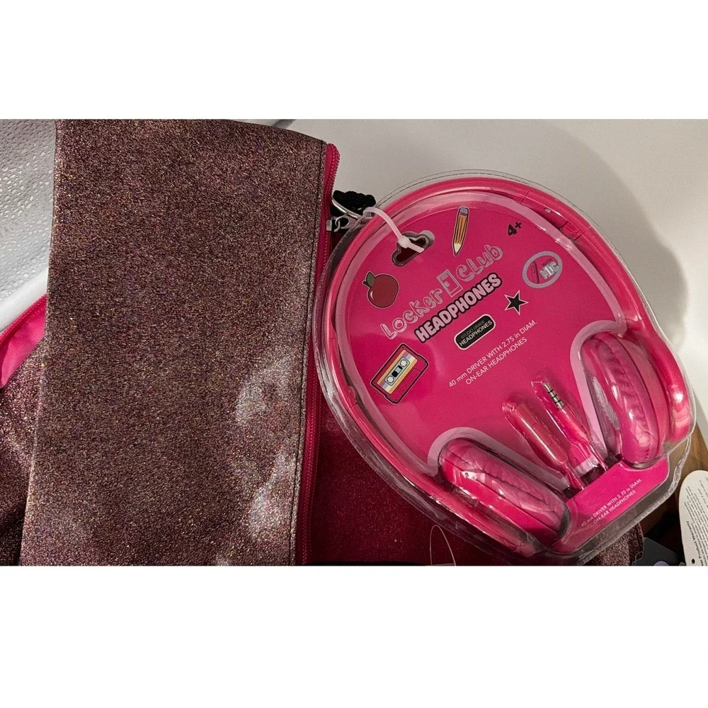 Locker Club 4pc Backpack Set Pink Gold Glitter Lunch Bag Pencil Case Headphones